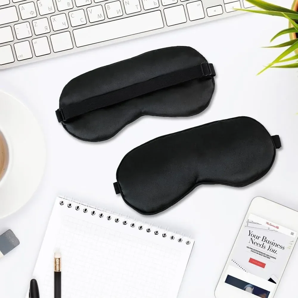 2 PCS Black Satin Sleep Masks Adjustable Silk Eye Covers Blind Folds Party Games